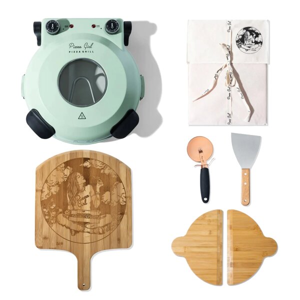 Pizza-making essentials including countertop oven, bamboo peel, cutter, scraper, apron, and paddles.