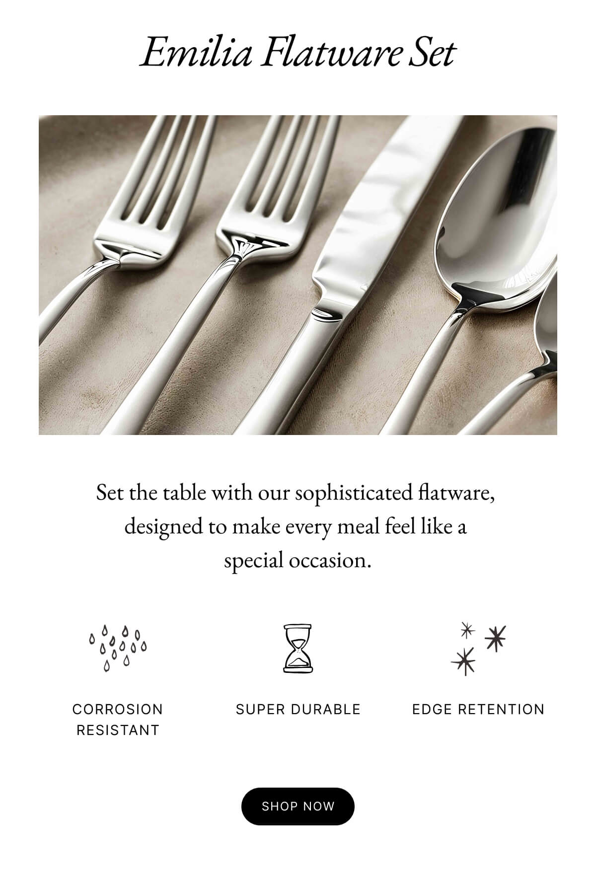 Emilia Mirror 20-Piece Flatware Set | Set the table with our sophisticated flatware, designed to make every meal feel like a special occasion. ه * CORROSION RESISTANT SUPER DURABLE EDGE RETENTION