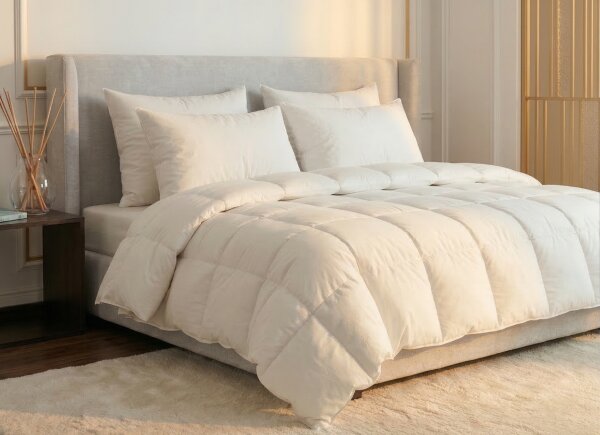 Bedding styled on a bed.