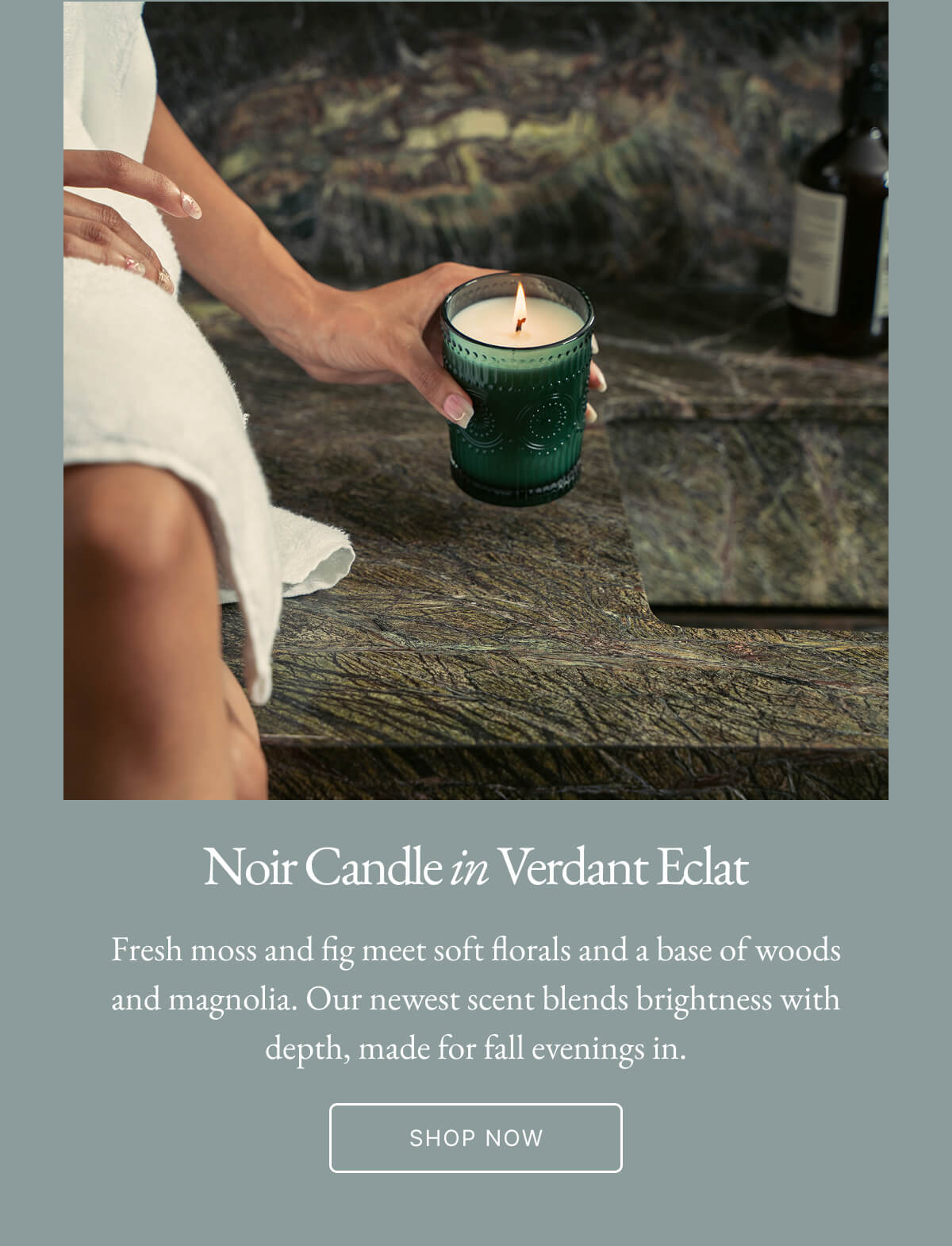 Noir Candle in Verdant Eclat Fresh moss and fig meet soft florals and a base of woods and magnolia. Our newest scent blends brightness with depth, made for fall evenings in. SHOP NOW