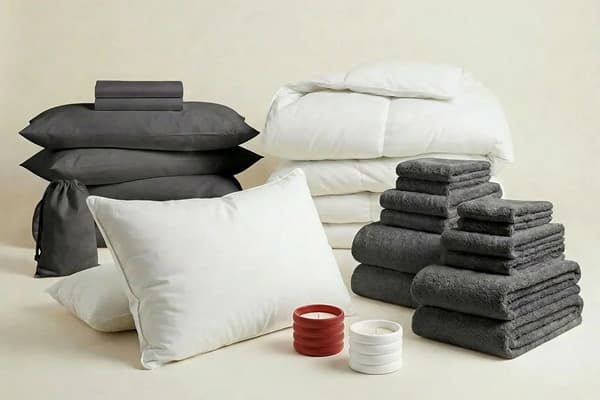 White bedding, towels, pillows, and home essentials.