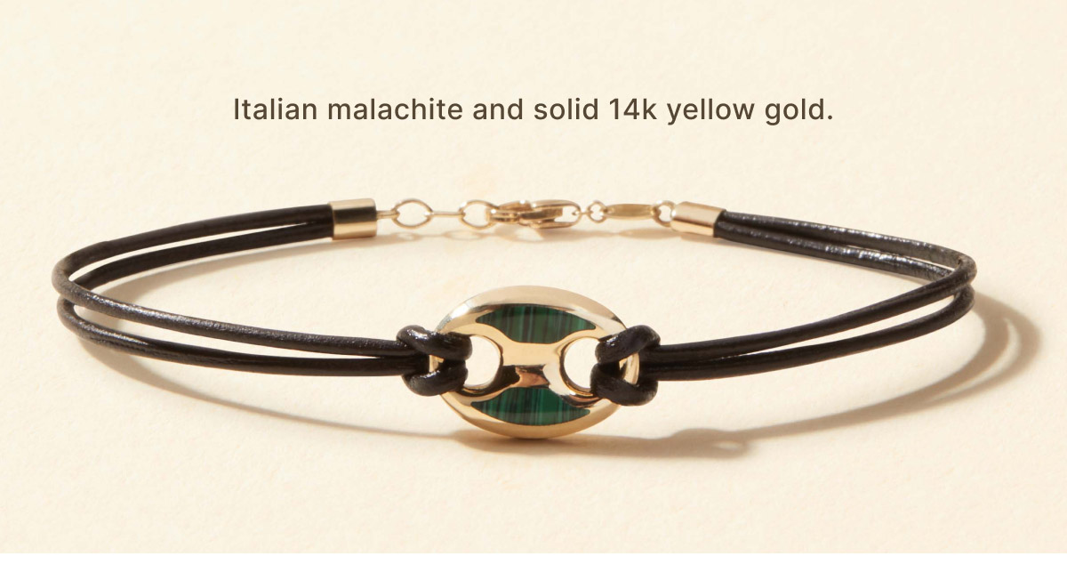 Italian malachite and solid 14k yellow gold.