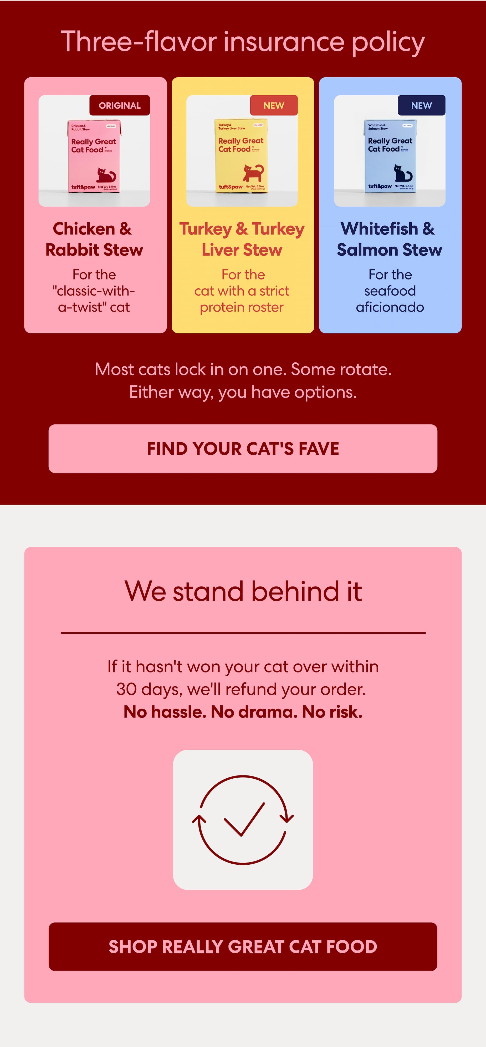 If it hasn't won your cat over within 30 days, we'll refund your order for 24-packs and up. No hassle. No drama. No risk.