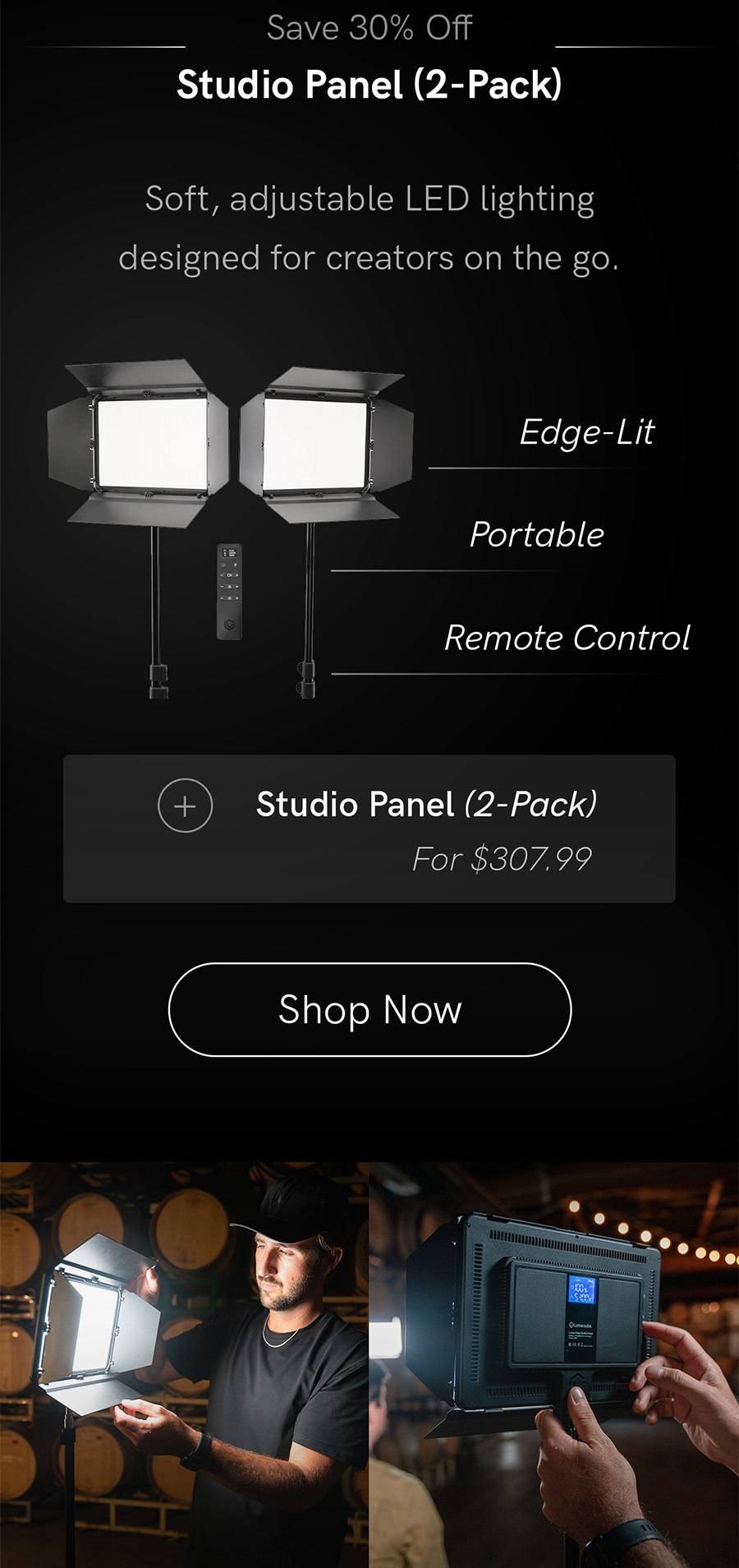 Edge-lit, portable, and fully remote controlled for creators.