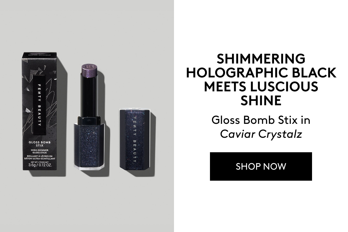 Shimmering holographic black meets luscious shine: Gloss Bomb Stix in Caviar Crystalz. Shop Now.