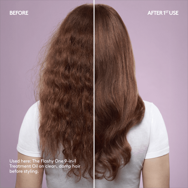 BEFORE AFTER 1st USE Used here: The Flashy One 9-in-1 Treatment Oil on clean, damp hair before styling Used here: The Homecurl Curl-Defining Cream on clean, we hair. The Flashy One 9-in-1 Treatment Oil on dry hair after styling 