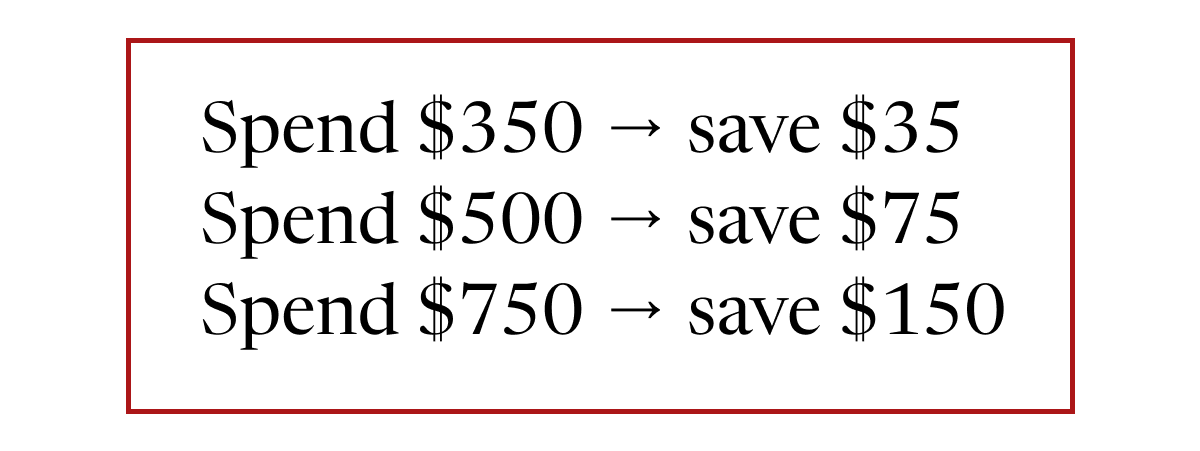 Spend $350 → save $35 | Spend $500 → save $75 | Spend $750 → save $150