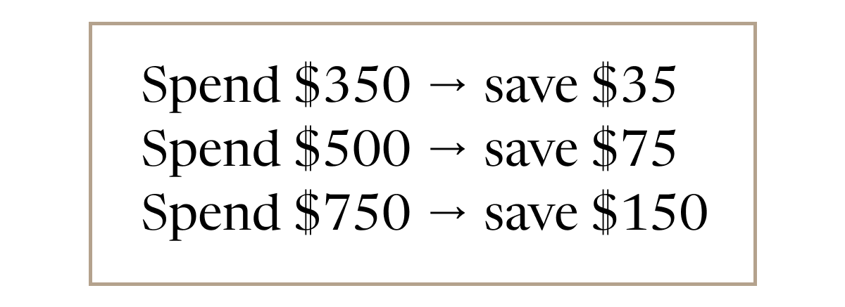 Spend $350 → save $35 | Spend $500 → save $75 | Spend $750 → save $150