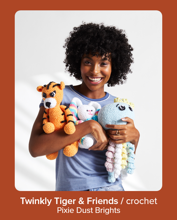 twinkly tiger and friends, crochet, pixie dust brights