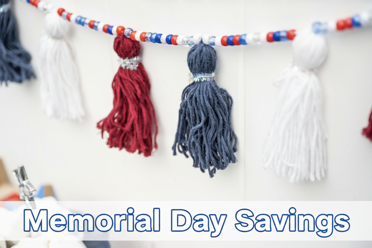 Red, white, and blue yarn tassels with beads, with "Memorial Day Savings" text.