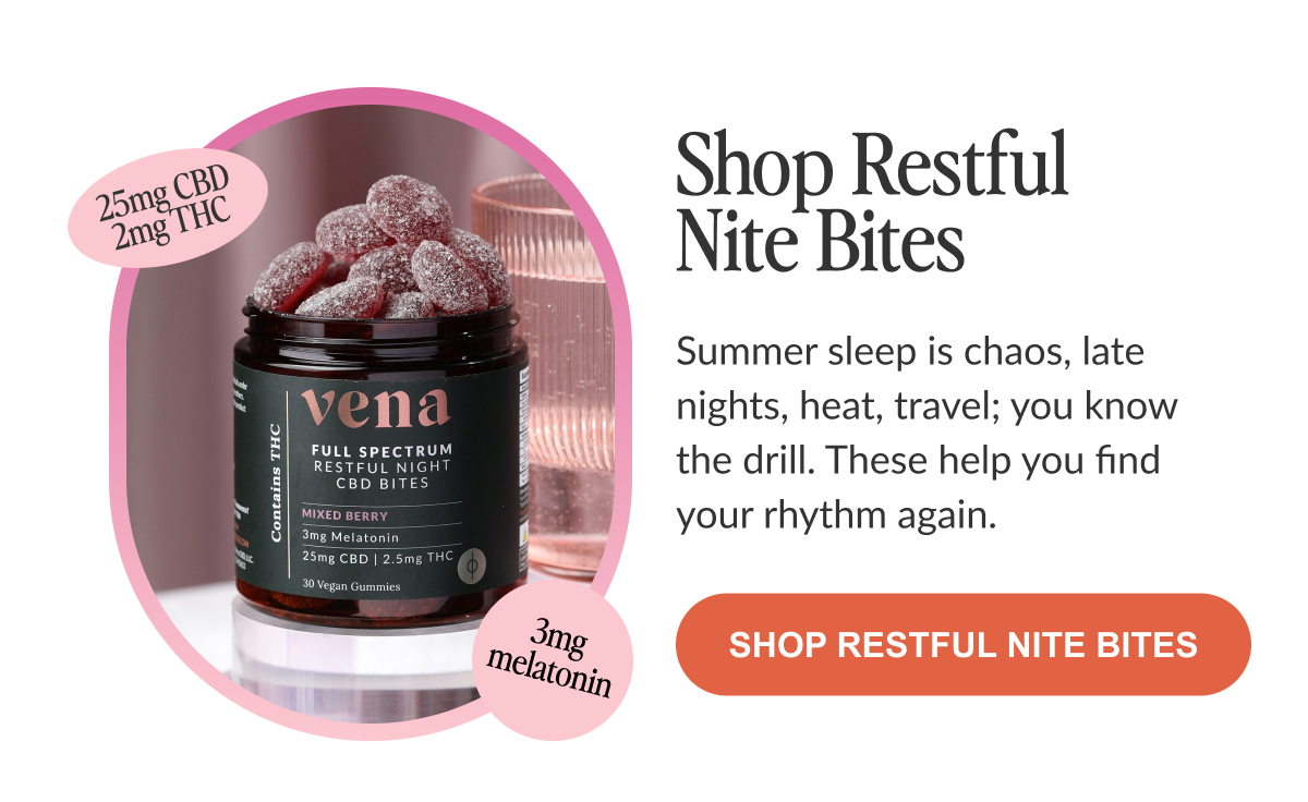 Image Restful Night Bites. Text: "Summer sleep is chaos, late nights, heat, travel; you know the drill. These help you find your rhythm again." 