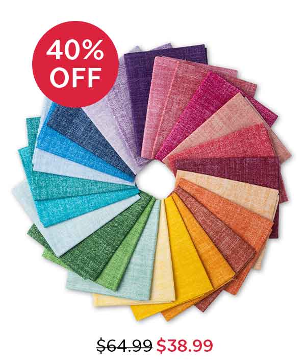 Image: A rosette shape of fat quarter sewing cotton fabrics. Text: 40% off. Was $64, now $38.99 >>