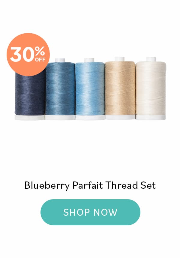 Image: Five spools of quilting or sewing thread in blues and tans. Text: 30% off. Blueberry Parfait Thread Set. Shop Now >>