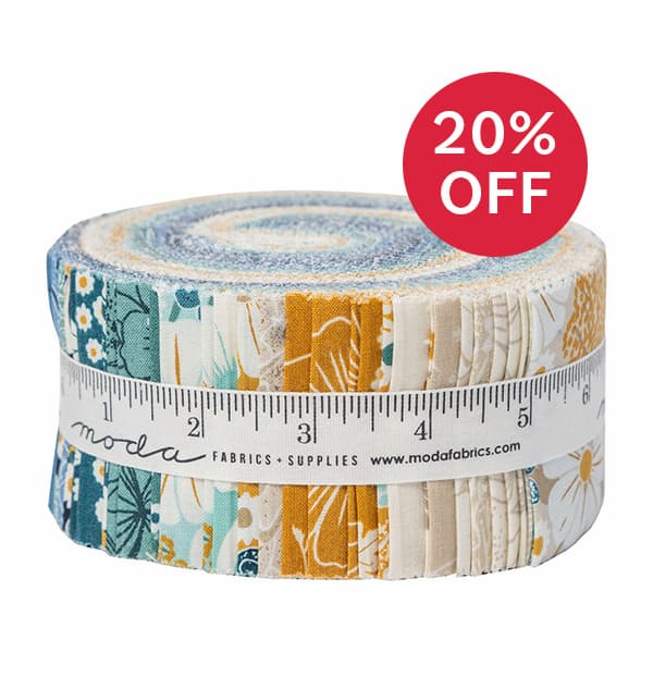 Image: A roll of fabric strips with floral designs. Text: 20% Off >>