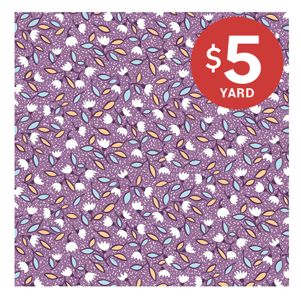 Image: Purple quilting cotton fabric with white florals. Text: $5 yard. >>