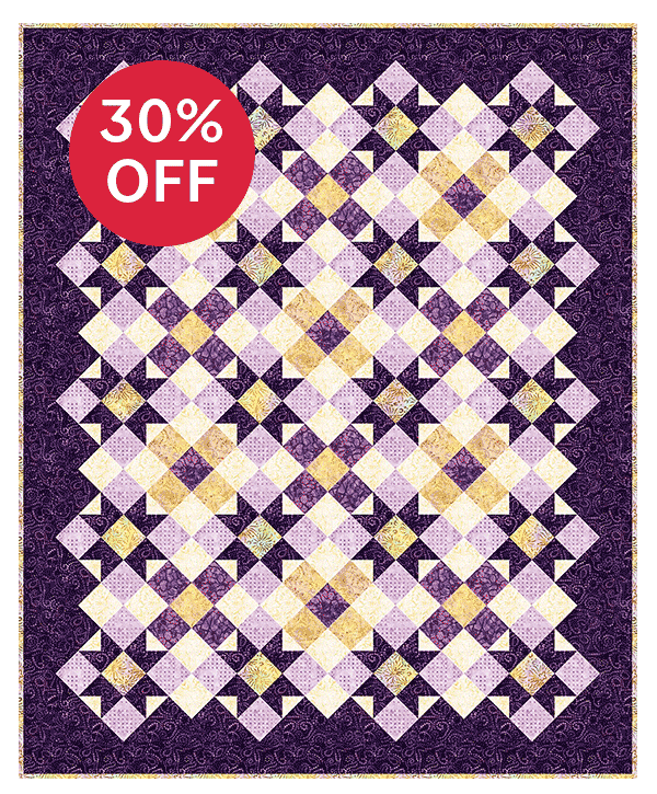 Image: A purple and golden yellow quilt with bold star blocks and strong border. Text: 30% Off >>
