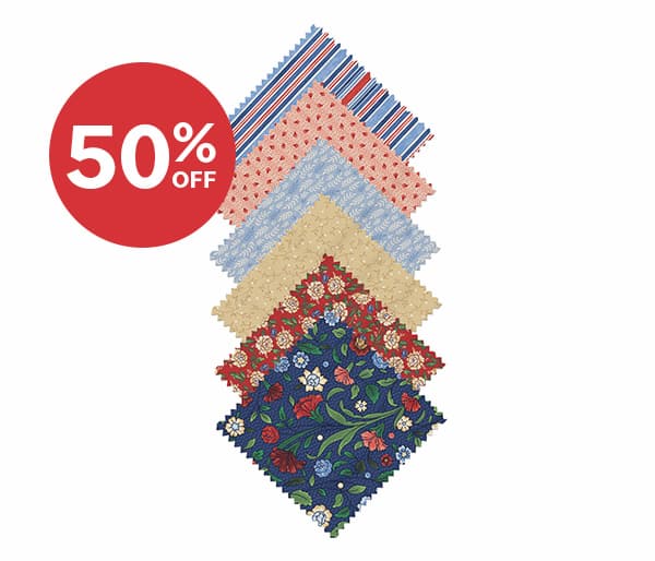 Image: A 5 inch charm pack in floral and texture prints. Text: 50% off >>