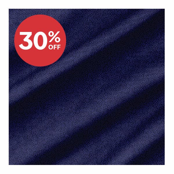 Image: Dark blue fabric with tiny vine design. Text: 30% off >>