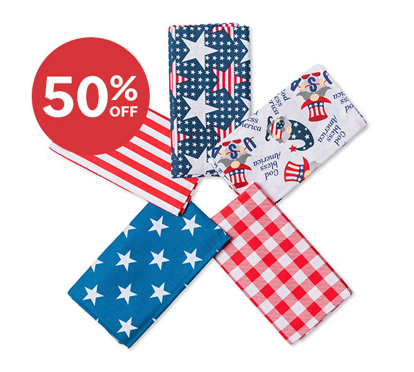 Image: A set of five fat quarters in patriotic red, blue, and white. Text: 50% off >>