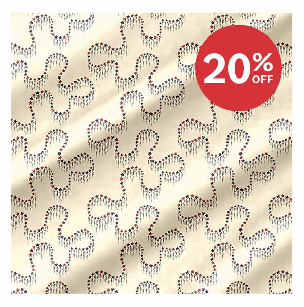Image: A cream quilting fabric with squiggly lines of small stars. Text: 20% off >>