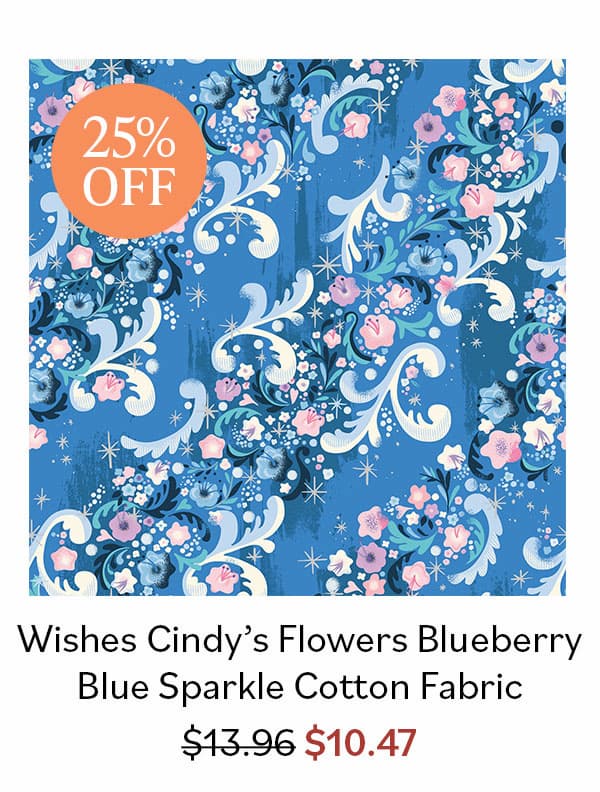 25% Off Wishes Cindy's Flowers Blueberry Blue Sparkle Quilting Cotton Fabric