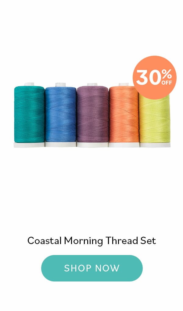 Image: A set of five quilting or sewing thread spools in green, blue, purple, orange, and yellow. Text: 30% off. Coastal Morning Thread Set. Shop Now >>