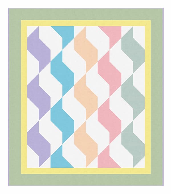 Image: A colorful quilt with green border and waves of purple, blue, orange, pink, and green. >>