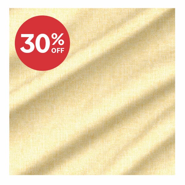 Image: Chambray printed wide backing quilting fabric in light yellow. Text: 30% off >>