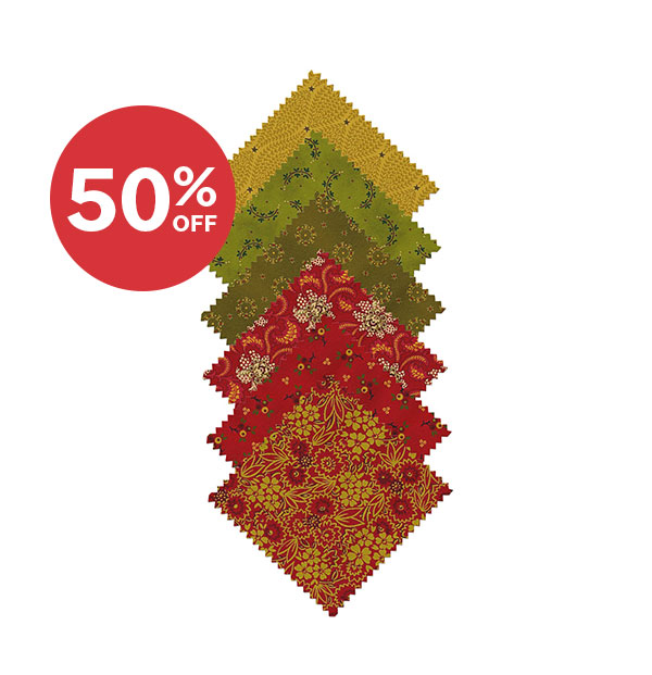 Image: A stack of fabric squares in reds, greens, and golds. Text: 50% off >> 