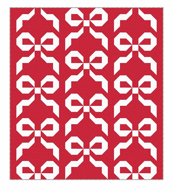 A graphic of a chart for a quilt featuring a red background and white bows