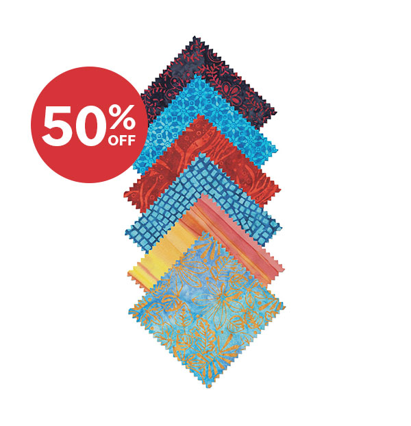 Image: A stack of 5" fabric charms. Text: 50% off >>