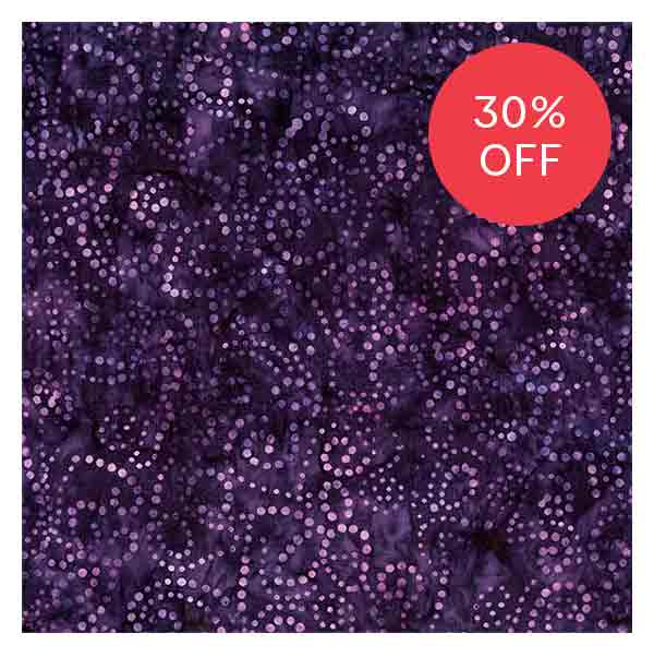 Image: Rich purple batik cotton fabric with dots in spirals. Text: 30% off >>
