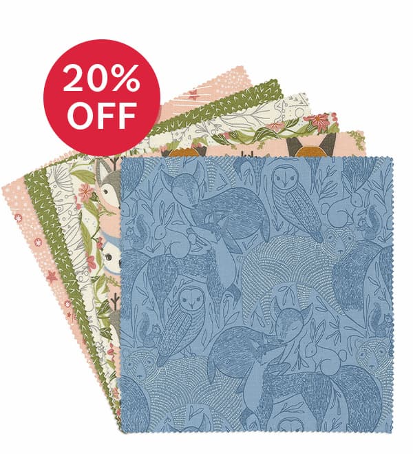 Image: Fabric squares with various woodland animals and themes. Text: 20% Off >>