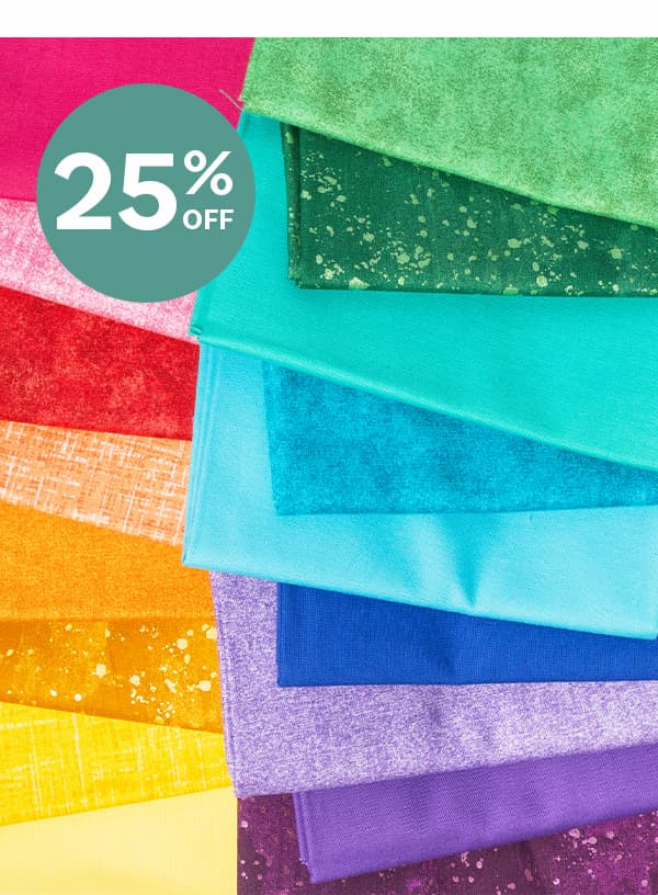25% Off. A colorful collection of fabric swatches.