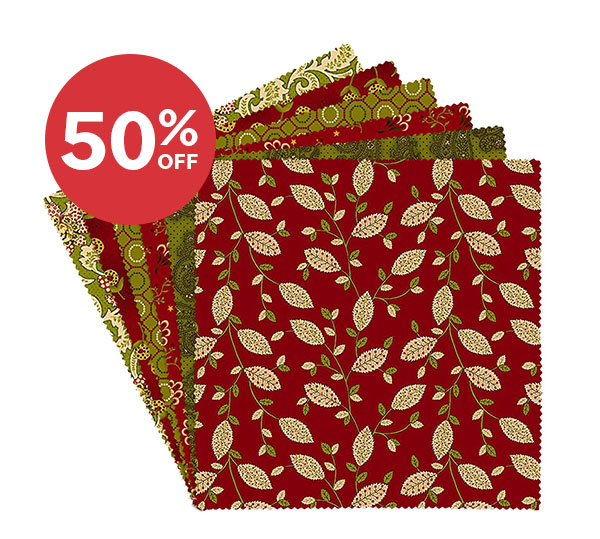Image: A set of fabric squares with dark red and green holiday prints. Text: 50% Off >>