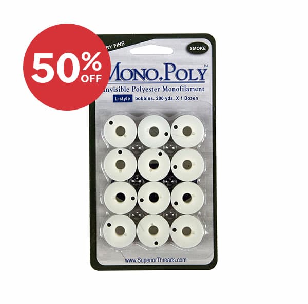 Image: A package of pre-wound bobbins. Text: 50% off >>