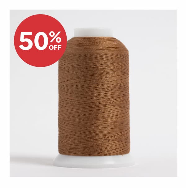 Image: A cone of brown thread. Text: 50% off. >>