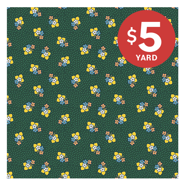Image: Dark green quilting cotton fabric with yellow florals. Text: $5 yard >>