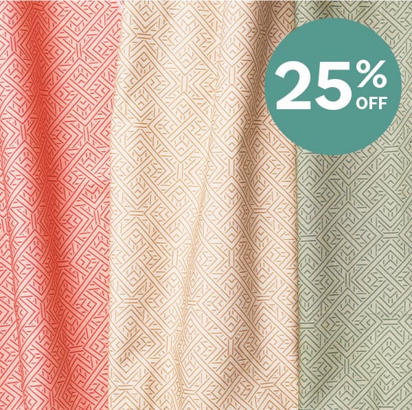 25% off. A background image of pink, cream, and green textured wide backing for quilts