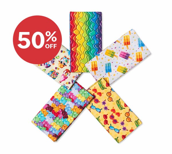 Image: A 5 piece fat quarter sampler with bright summery prints. Text: 50% off >>