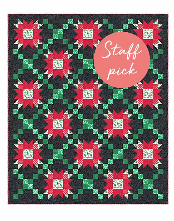 Staff Pick. A graphic of a chart for a quilt featuring a Christmas themed red, white, and green squares
