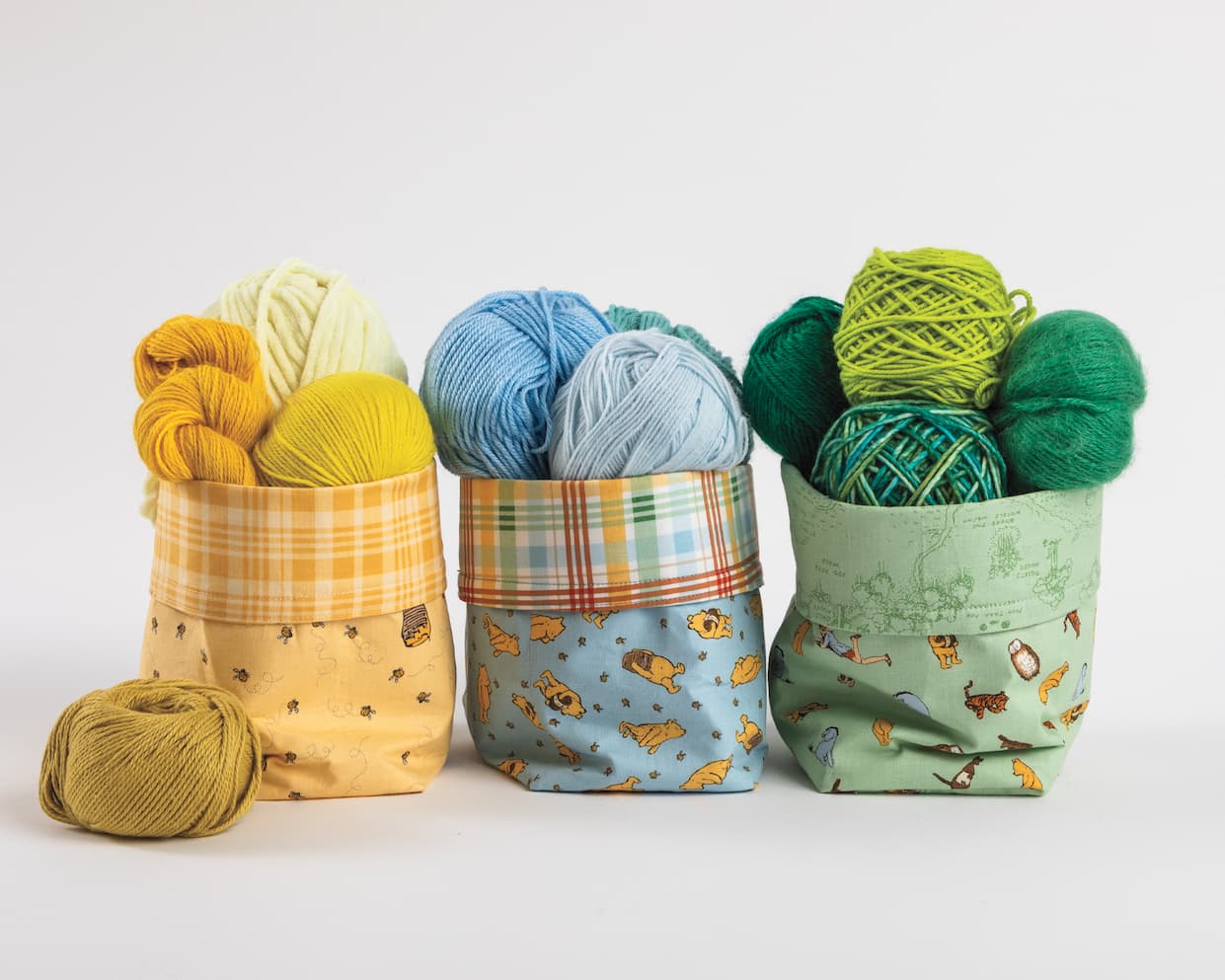 Handmade blue green and yellow cloth buckets