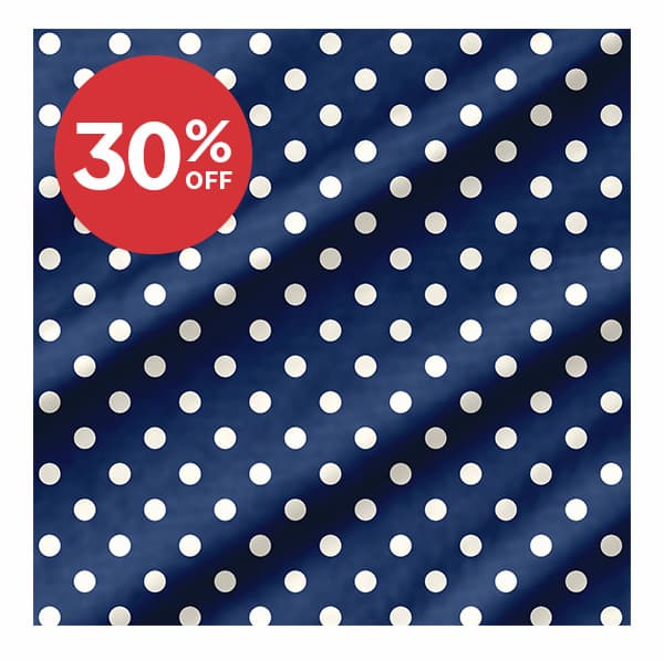 Image: Dark blue wide backing fabric with white polka dots. Text: 30% off >>