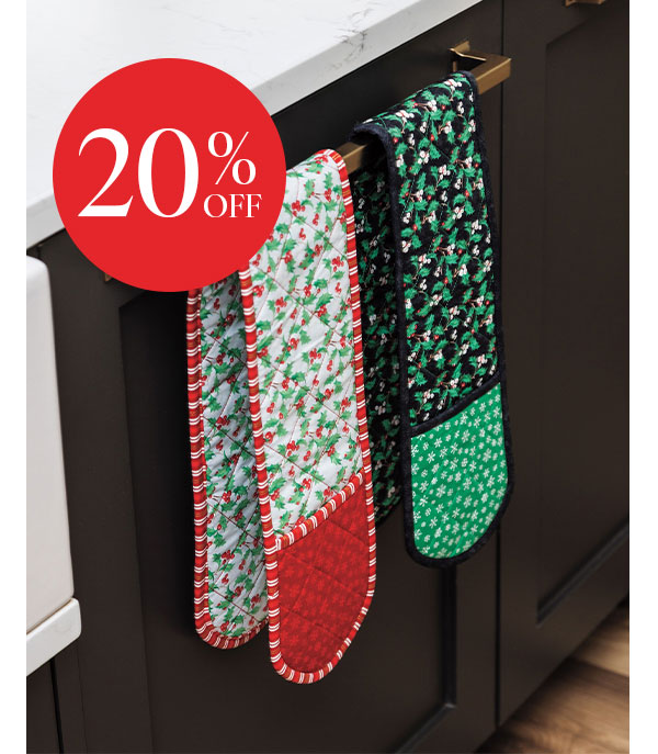 20% Off. Red, green, and white Christmas themed quilted mitts