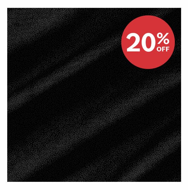 Image: Black quilting fabric with dark vine patterns. Text: 20% off >>