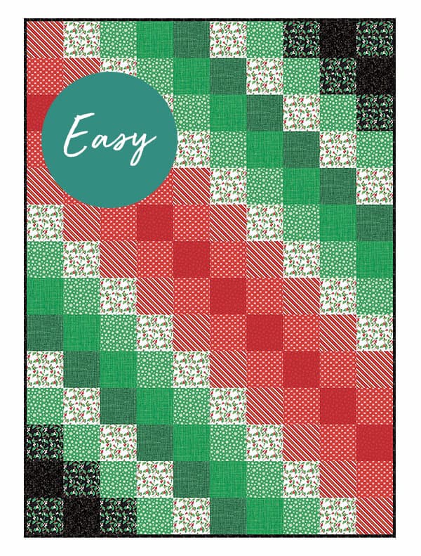 Easy. A graphic of a chart for a quilt featuring a Christmas themed red, white, and green squares