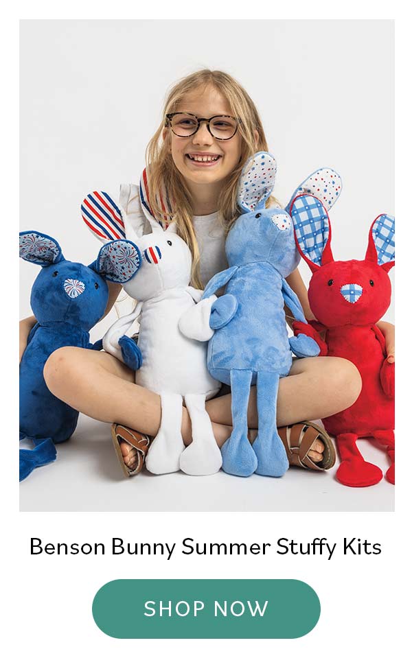 Image: A young model is sitting with four bunny stuffies in red, white, and blues. Text: Benson Bunny Summer Stuffy Kits. Shop Now >>