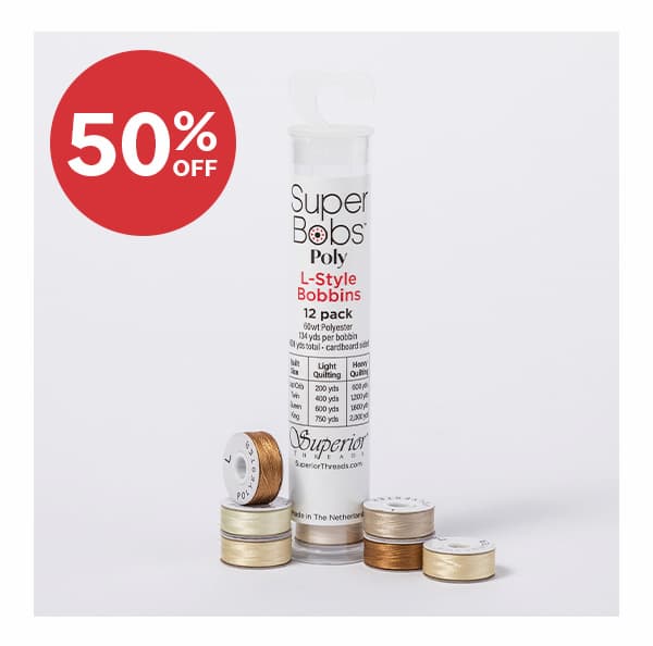 Image: A tube of pre-wound bobbins. Text: 50% off >>