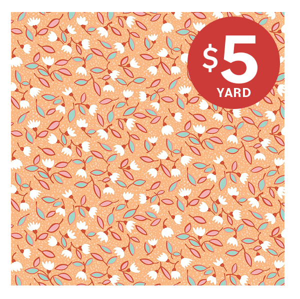 Image: Apricot colored floral quilting cotton fabric. Text: $5 yard >>