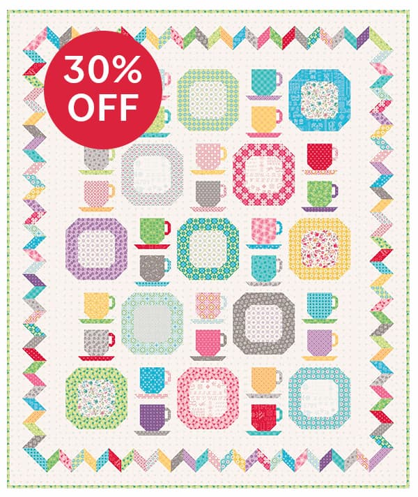 Image: An off-white quilt with fun teacup and plate blocks. Text: 30% Off >>